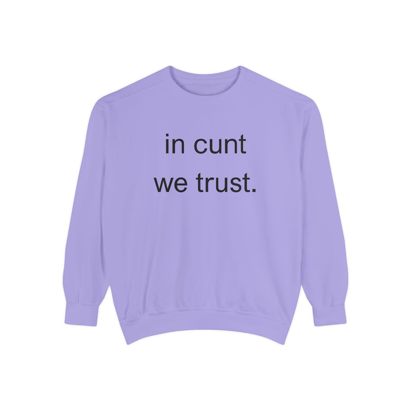 Graphic Sweatshirt — “in cunt we trust.” Bold Provocative Slogan Pullover