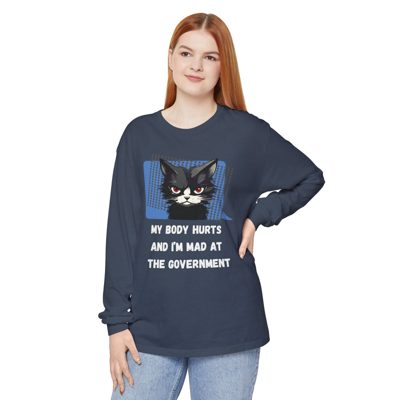 Long Sleeve T‑Shirt – "My Body Hurts and I’m Mad at the Government" Cat Graphic Oversized Tee