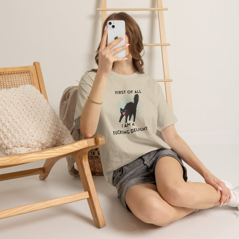 Sassy Cat Graphic Tee — "First of All I Am a Fucking Delight" Black Cat Humor T-Shirt