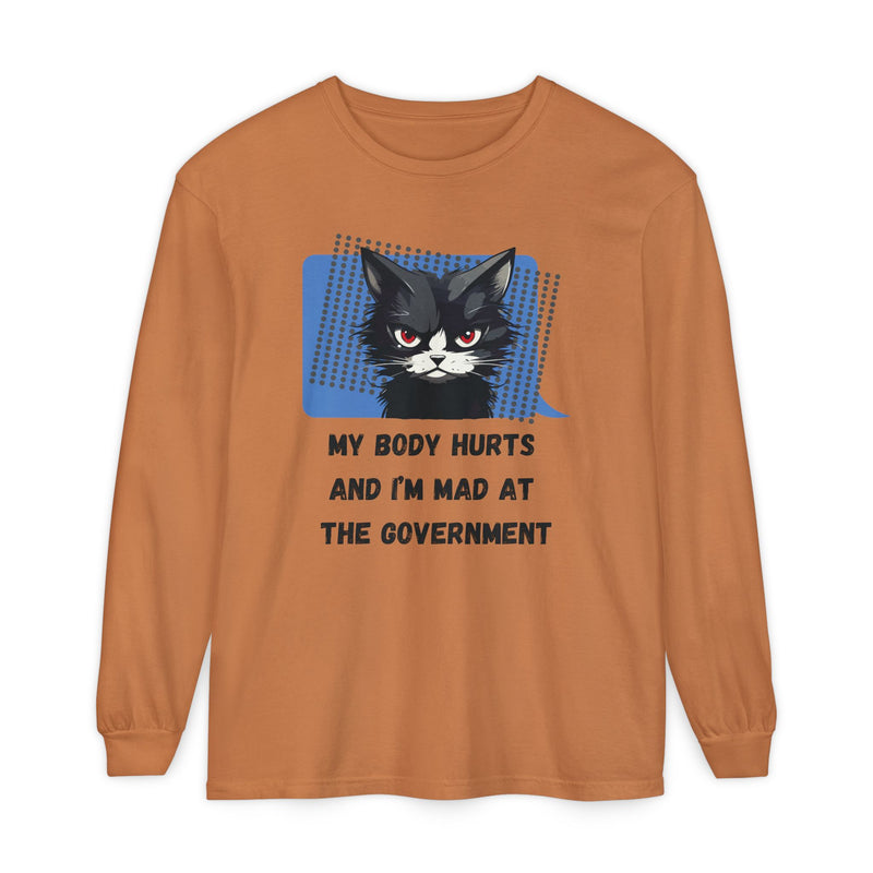 Long Sleeve T‑Shirt – "My Body Hurts and I’m Mad at the Government" Cat Graphic Oversized Tee