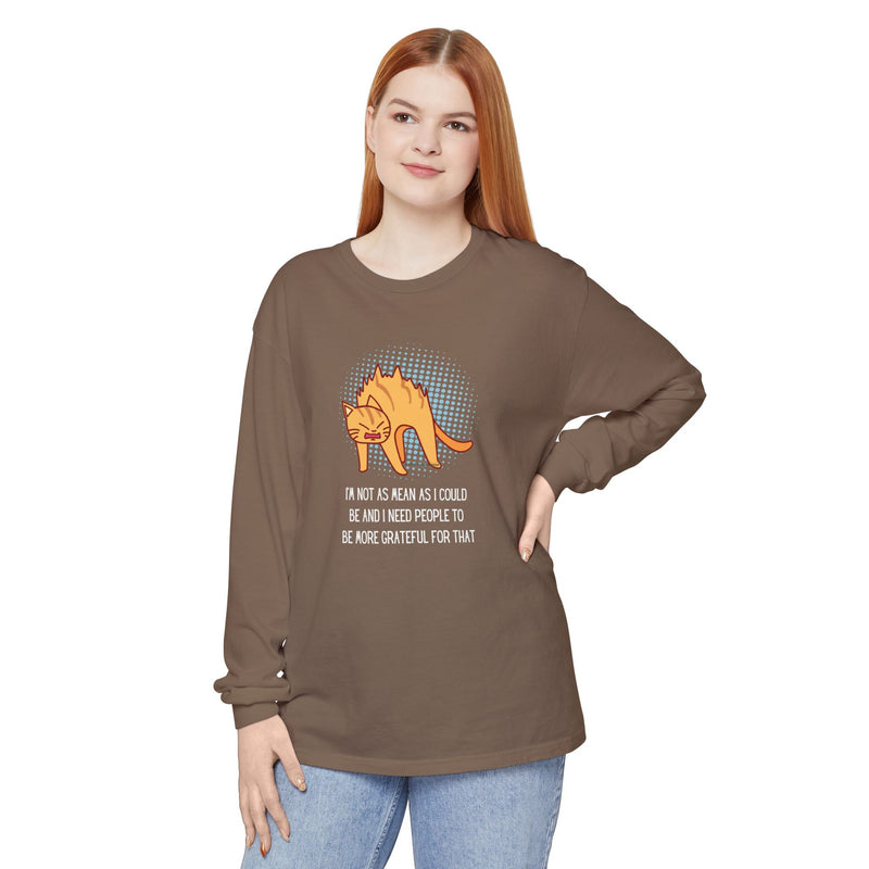 Sassy Cat Illustration Long Sleeve Tee — “I’m Not As Mean As I Could Be” Oversize T-Shirt