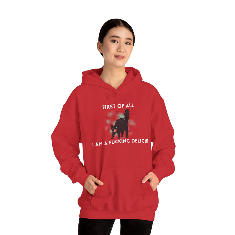 Sassy Cat Unisex Hoodie — "...I Am A Fucking Delight!" Graphic Hooded Sweatshirt