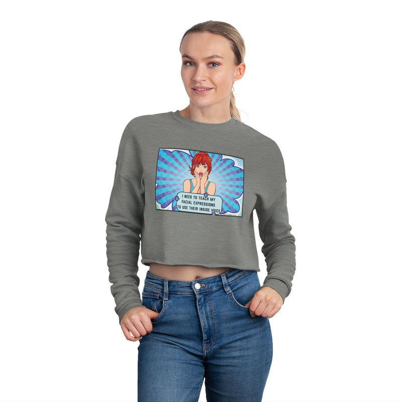 Retro Pop Art Crop Graphic Sweatshirt — 'Facial Expressions'