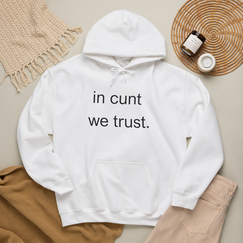 Hoodie — "in cunt we trust." Minimalist Provocative Text Hooded Sweatshirt