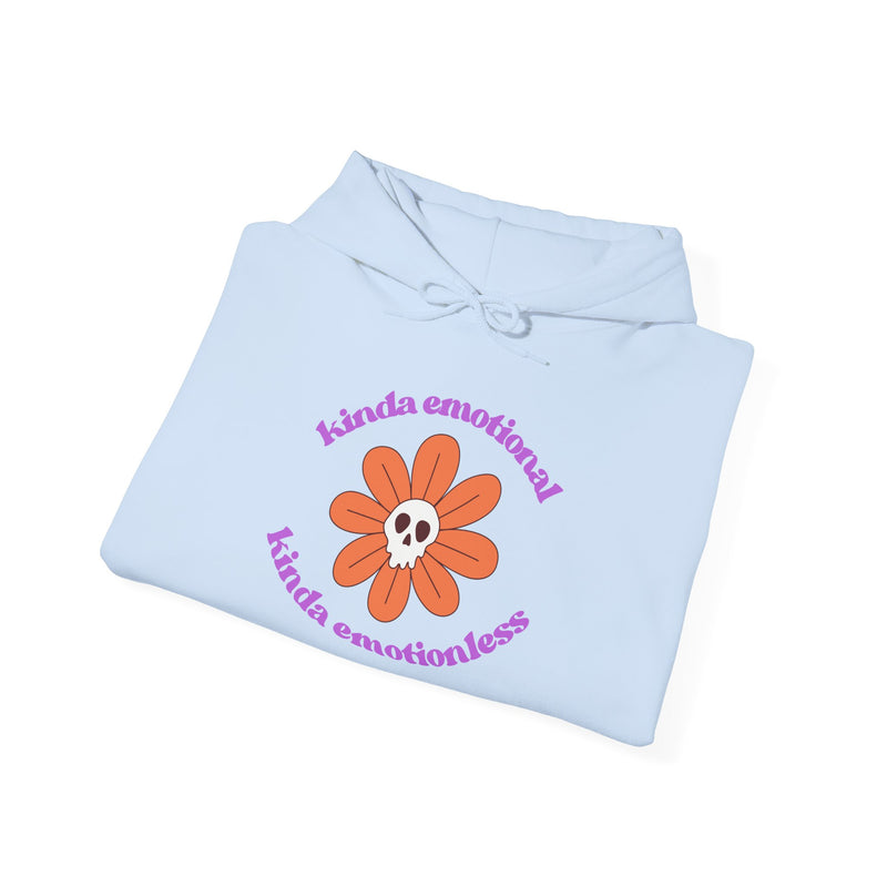 Floral Skull Graphic Hoodie — "Kinda Emotionless, Kinda Emotional" Mental Health Awareness Hooded Sweatshirt
