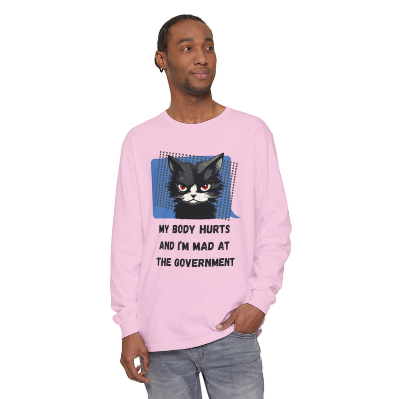 Long Sleeve T‑Shirt – "My Body Hurts and I’m Mad at the Government" Cat Graphic Oversized Tee