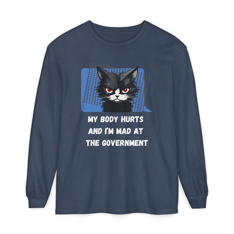 Long Sleeve T‑Shirt – "My Body Hurts and I’m Mad at the Government" Cat Graphic Oversized Tee