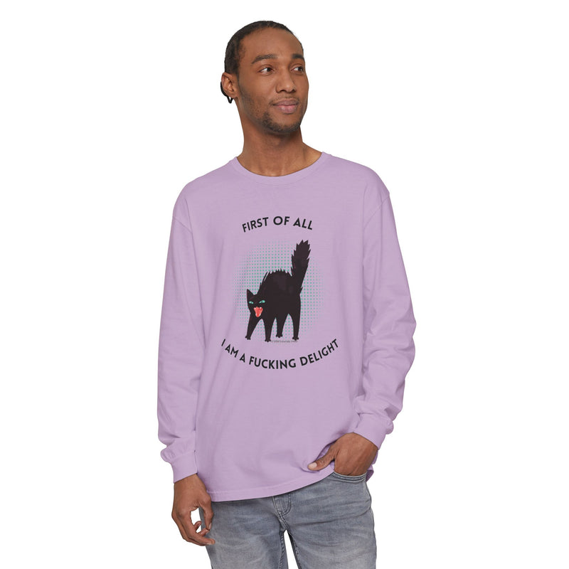 Long Sleeve Tee — “First of All I Am a Fucking Delight” Black Cat Graphic Oversized T-Shirt