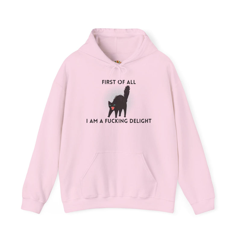 Sassy Cat Unisex Hoodie — "...I Am A Fucking Delight!" Graphic Hooded Sweatshirt