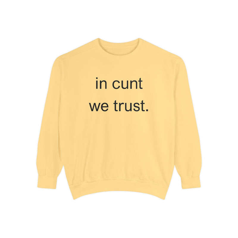 Graphic Sweatshirt — “in cunt we trust.” Bold Provocative Slogan Pullover