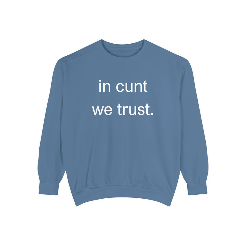 Graphic Sweatshirt — “in cunt we trust.” Bold Provocative Slogan Pullover