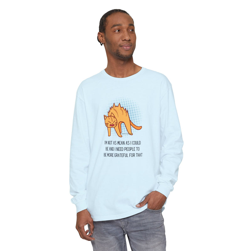 Sassy Cat Illustration Long Sleeve Tee — “I’m Not As Mean As I Could Be” Oversize T-Shirt