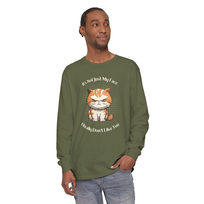 Sassy Cat Long Sleeve Tee — "It's Not Just My Face, I Really Don't Like You" Oversized T-Shirt