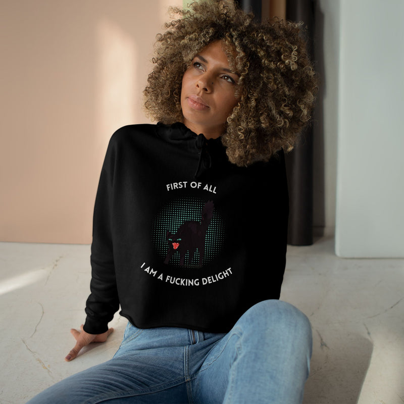 Graphic Black Cat Hooded Sweatshirt - "I am a Fucking Delight" Crop Hoodie