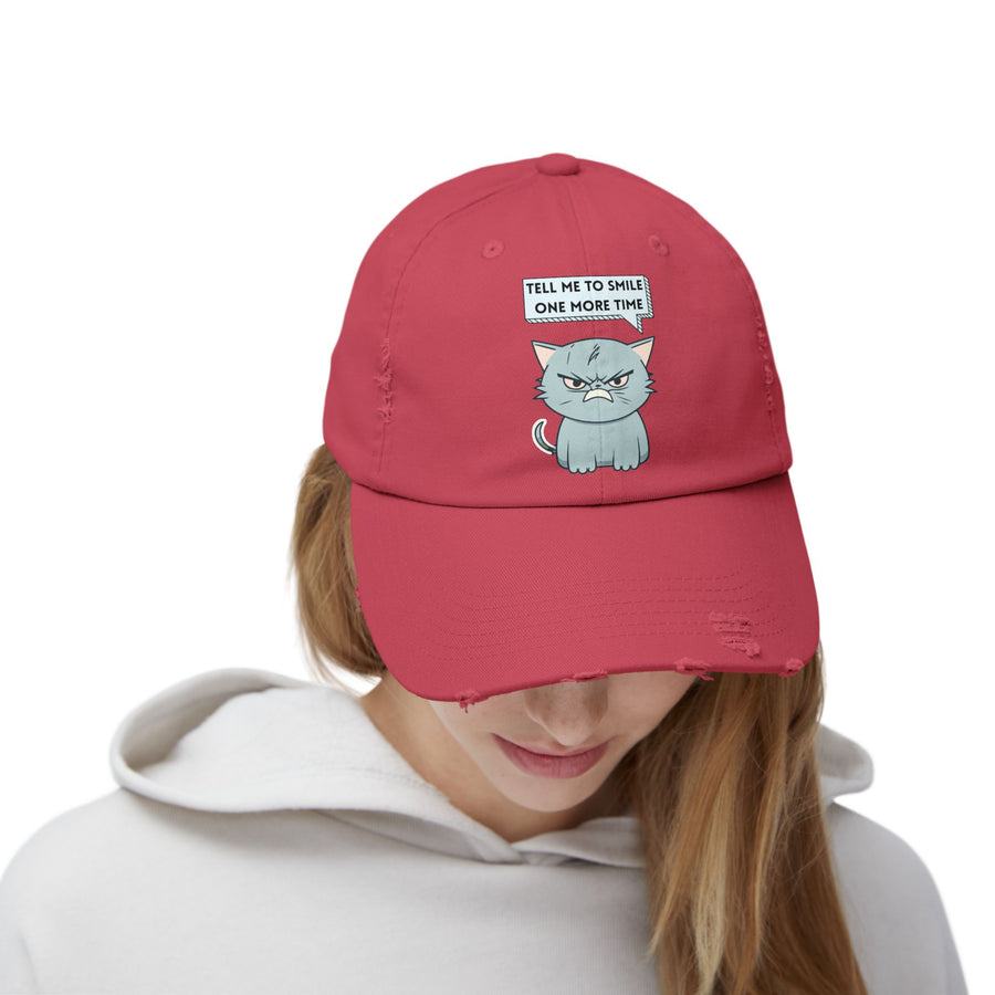 Sassy Cat Distressed Cap — "Tell Me To Smile One More Time" Baseball Hat