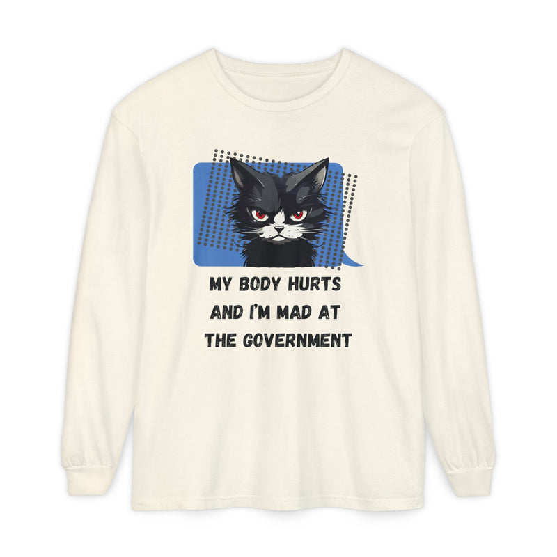 Long Sleeve T‑Shirt – "My Body Hurts and I’m Mad at the Government" Cat Graphic Oversized Tee