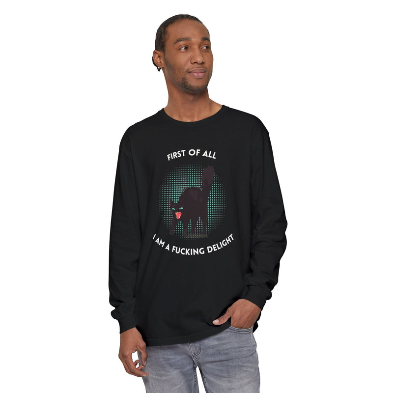 Long Sleeve Tee — “First of All I Am a Fucking Delight” Black Cat Graphic Oversized T-Shirt