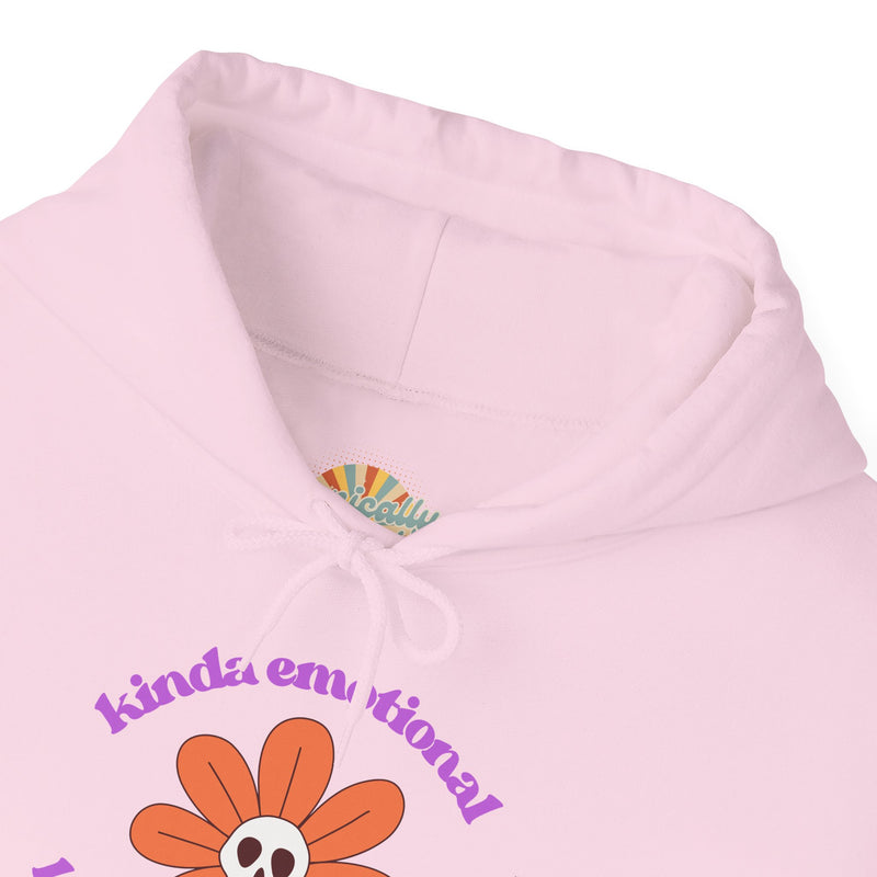 Floral Skull Graphic Hoodie — "Kinda Emotionless, Kinda Emotional" Mental Health Awareness Hooded Sweatshirt