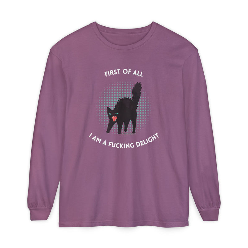 Long Sleeve Tee — “First of All I Am a Fucking Delight” Black Cat Graphic Oversized T-Shirt