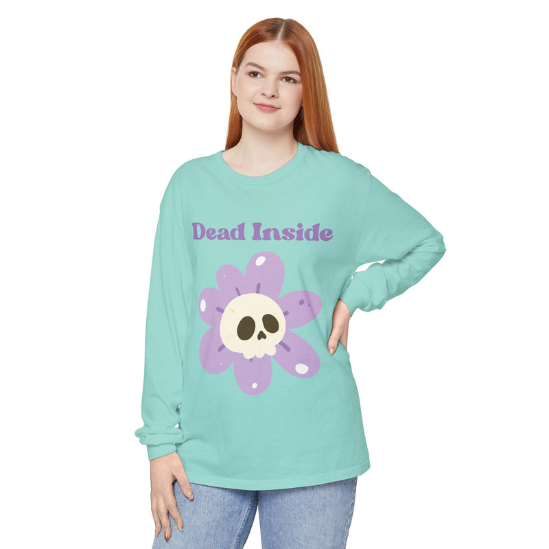 "Dead Inside" Oversized T-Shirt - Skull Flower Long Sleeve Tee