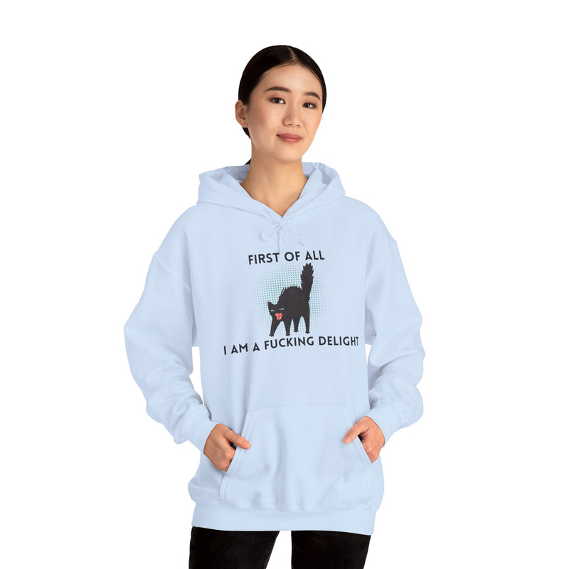 Sassy Cat Unisex Hoodie — "...I Am A Fucking Delight!" Graphic Hooded Sweatshirt