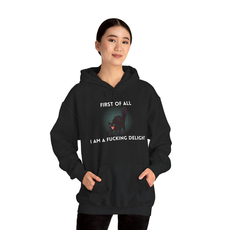 Sassy Cat Unisex Hoodie — "...I Am A Fucking Delight!" Graphic Hooded Sweatshirt