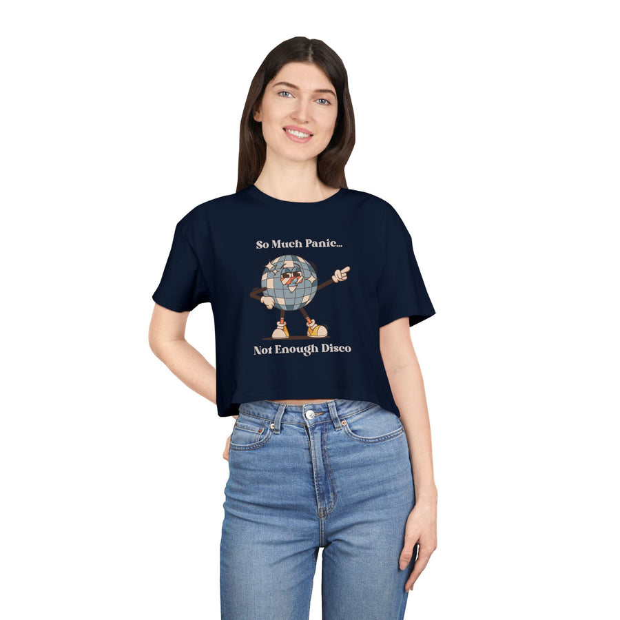 Disco Globe Ball Crop Tee — "So Much Panic... Not Enough Disco" Graphic T-shirt Top