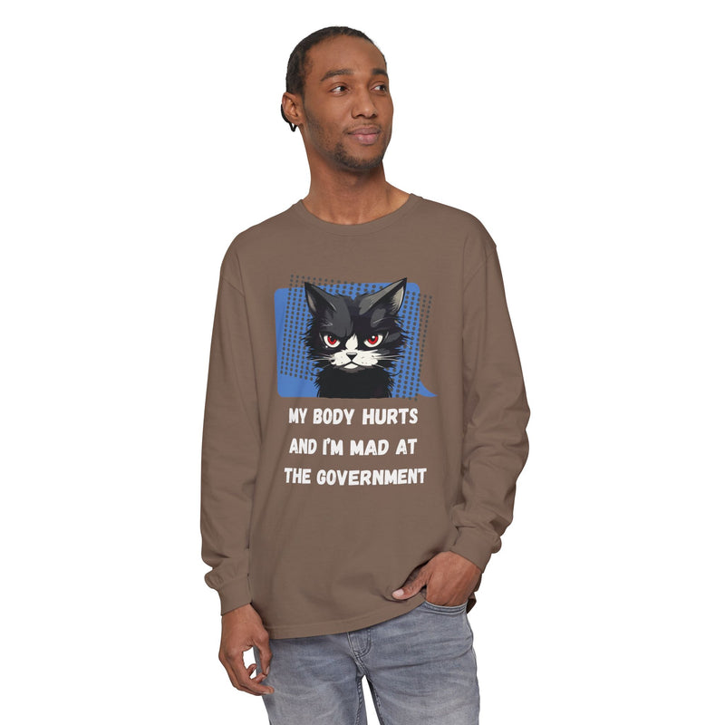 Long Sleeve T‑Shirt – "My Body Hurts and I’m Mad at the Government" Cat Graphic Oversized Tee