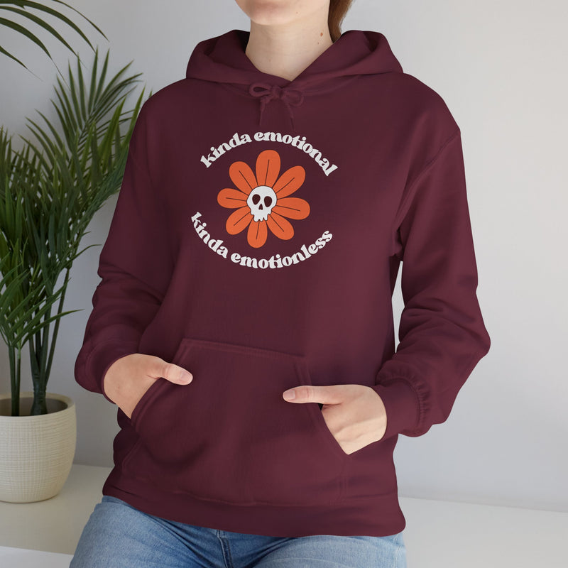 Floral Skull Graphic Hoodie — "Kinda Emotionless, Kinda Emotional" Mental Health Awareness Hooded Sweatshirt