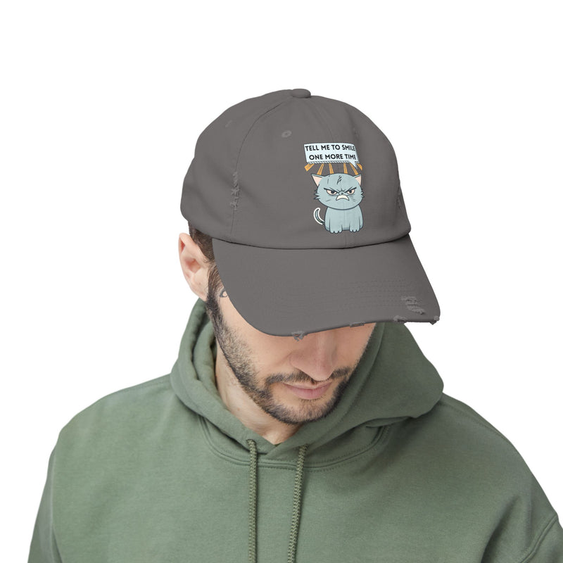 Sassy Cat Distressed Cap — "Tell Me To Smile One More Time" Unisex Baseball Hat