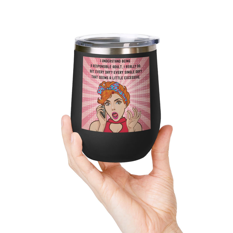 "Responsible Adult"Retro Pop Art Insulated Wine Tumbler - Stainless Steel 12oz