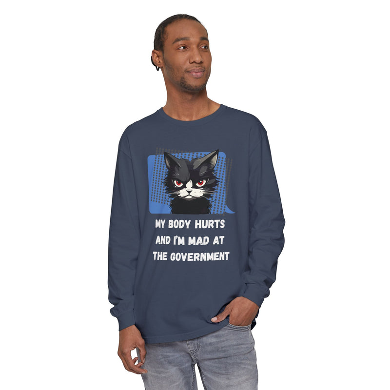 Long Sleeve T‑Shirt – "My Body Hurts and I’m Mad at the Government" Cat Graphic Oversized Tee