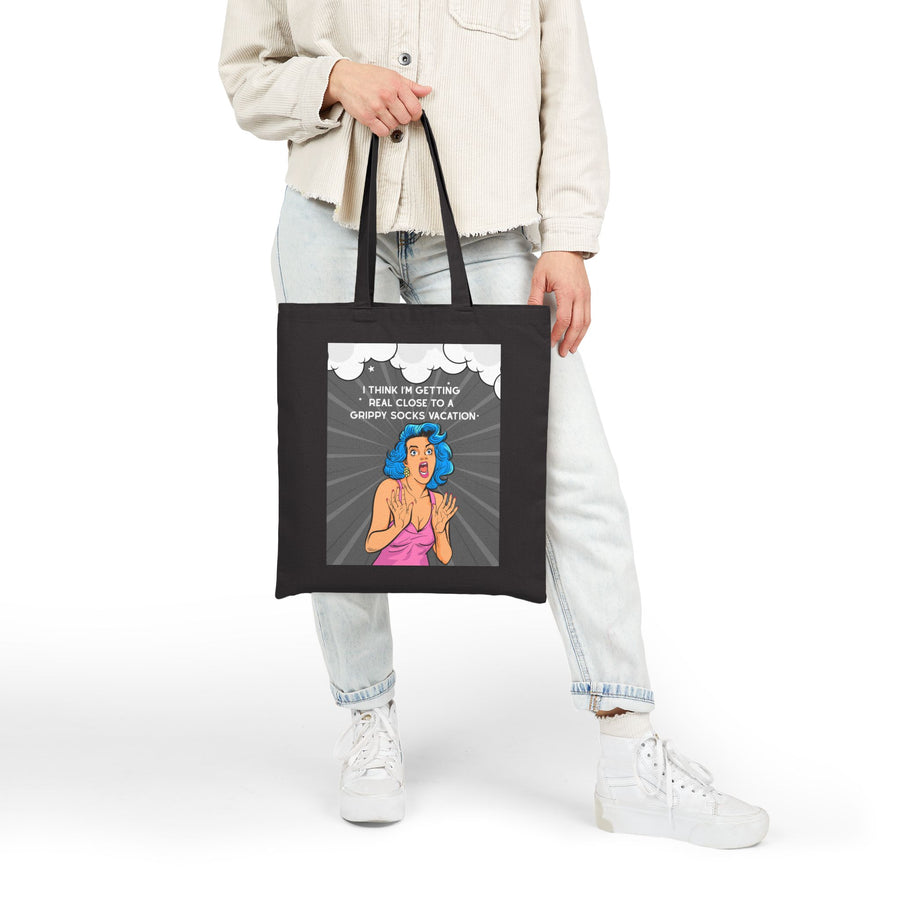 Retro Pop Art Tote Bag - "I Think I'm Getting Real Close to a Grippy Socks Vacation" Cotton Canvas Shopper