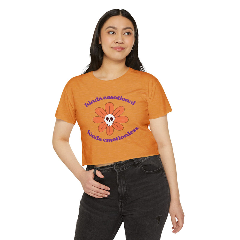Crop Top — "Kinda Emotional Kinda Emotionless" Skull Flower Festival Tee