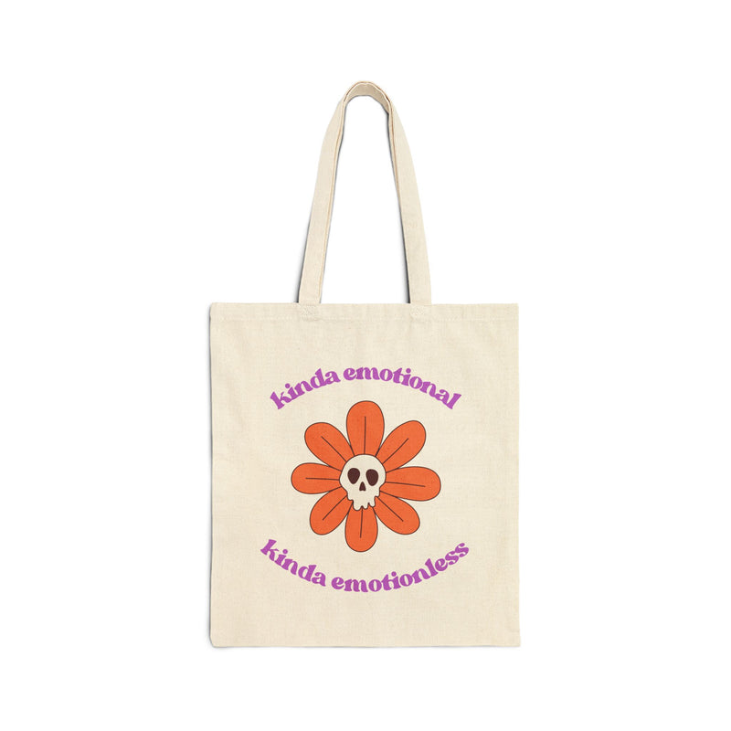 Retro Skull Flower Reusable Tote Bag — "kinda emotional kinda emotionless" Cotton Canvas Mental Health Awareness Tote