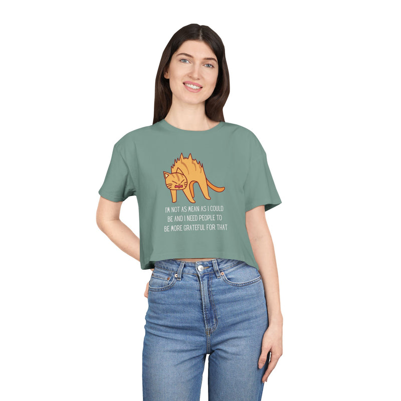 Crop Tee — Sassy Cat Graphic with Quote: "I’m Not As Mean As I Could Be, and I Need People To Be More Grateful For That" T-shirt Top