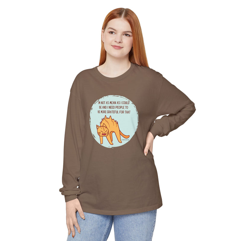 Sassy Cat Illustration Long Sleeve Tee — “I’m Not As Mean As I Could Be” Oversize T-Shirt