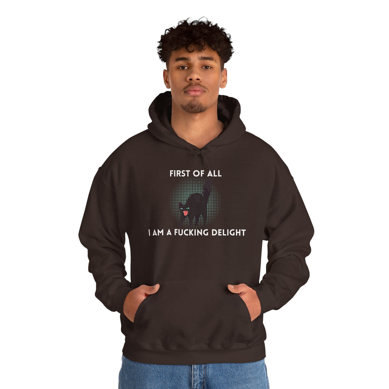 Sassy Cat Unisex Hoodie — "...I Am A Fucking Delight!" Graphic Hooded Sweatshirt