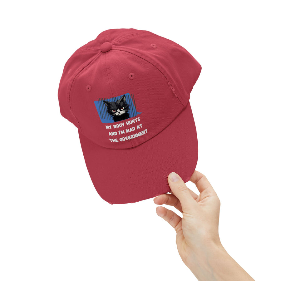 Distressed Cap — Sassy Cat “My Body Hurts and I’m Mad at the Government” Baseball Hat
