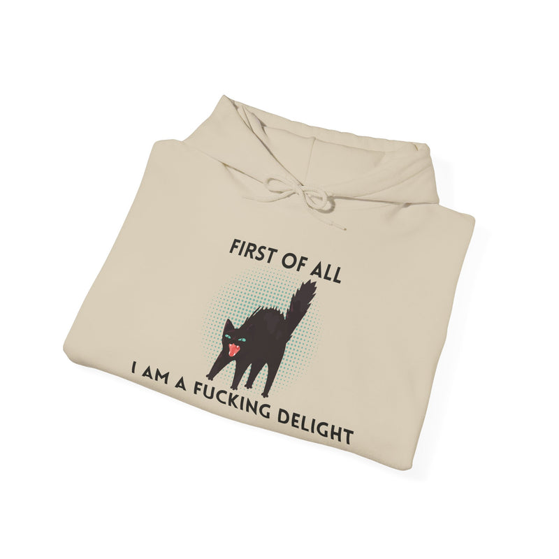 Sassy Cat Unisex Hoodie — "...I Am A Fucking Delight!" Graphic Hooded Sweatshirt