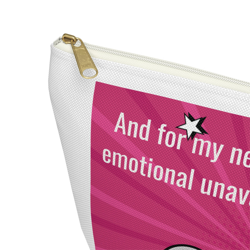 Large Size Accessory Pouch — Pink Pop Art Cosmetic Bag with Quote: “And for my next trick I will confuse emotional unavailability for chemistry”
