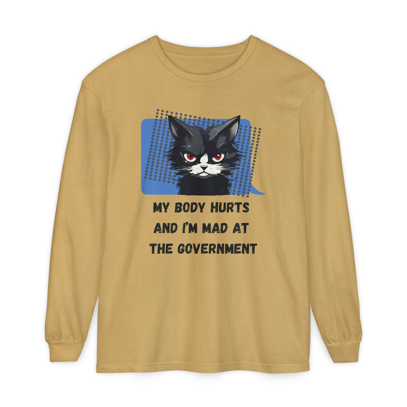 Long Sleeve T‑Shirt – "My Body Hurts and I’m Mad at the Government" Cat Graphic Oversized Tee