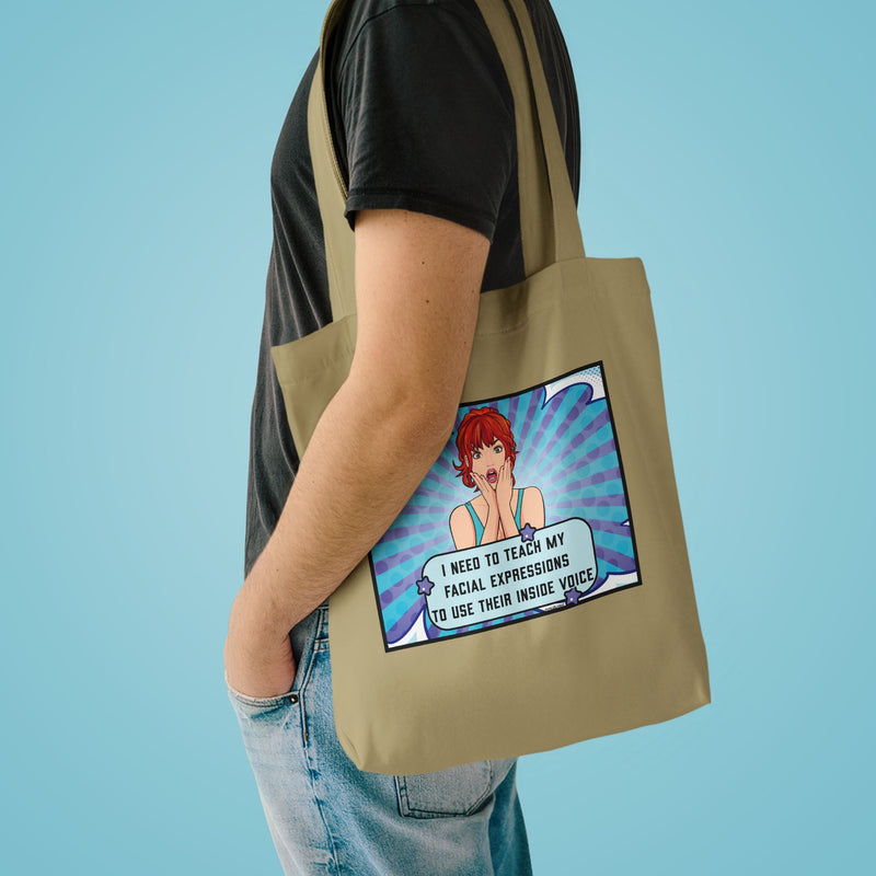 Retro Pop Art Reusable Tote Bag — 'Facial Expressions' Large Cotton Book Bag