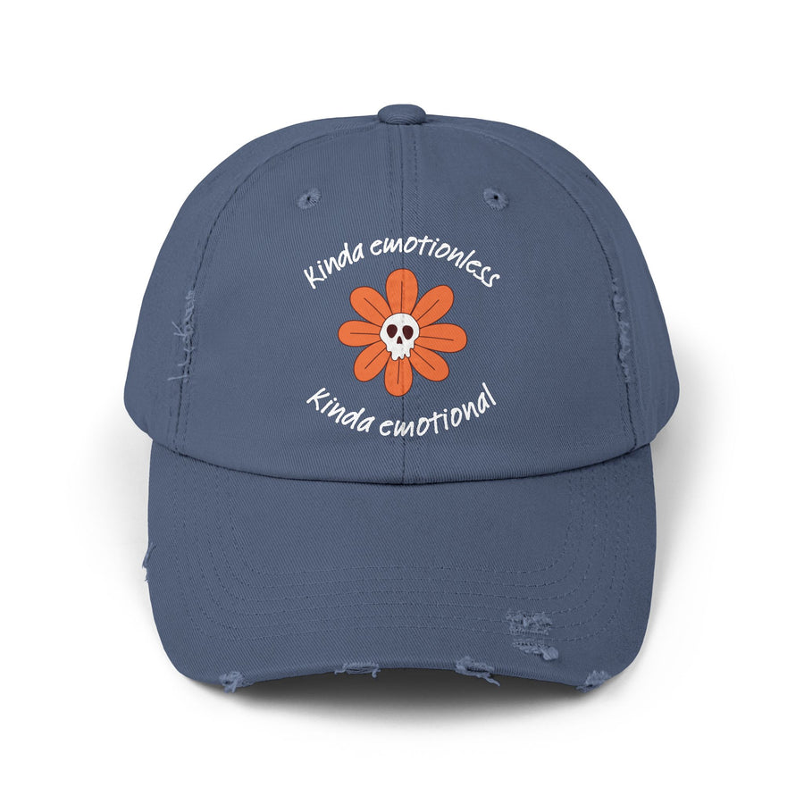 Kinda Emotionless Kinda Emotional Distressed Cap — Floral Skull Baseball Hat
