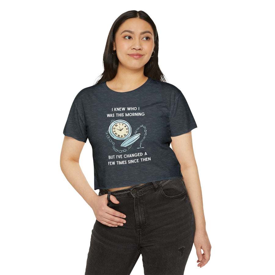 Women's Crop Top T-shirt — 'I Knew Who I Was This Morning' Wonderland Graphic Tee