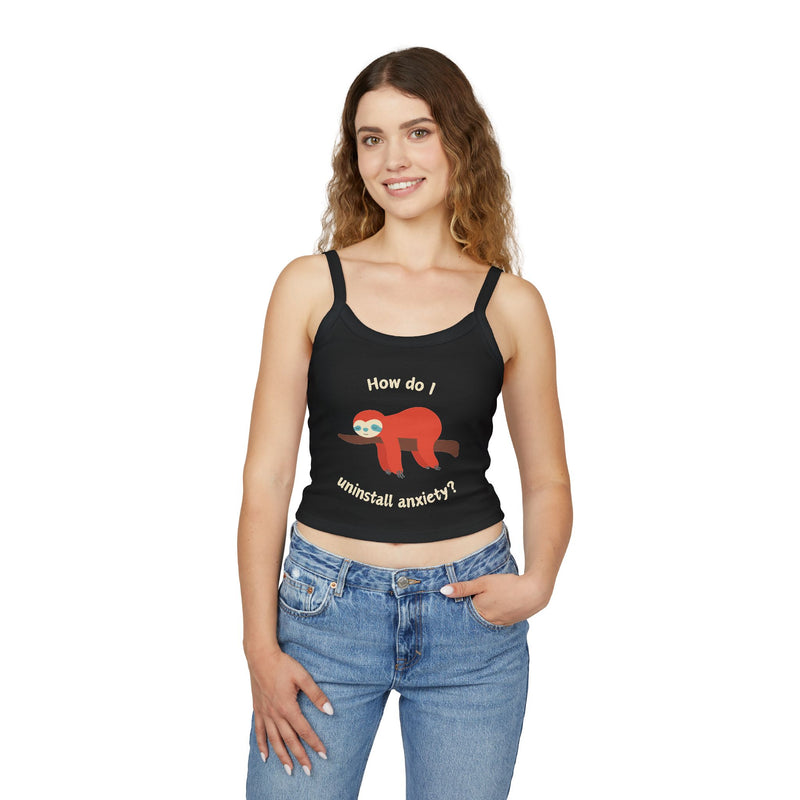 Women’s Tank Top — Exhausted Sloth “How do I uninstall anxiety?” Graphic Crop Tank