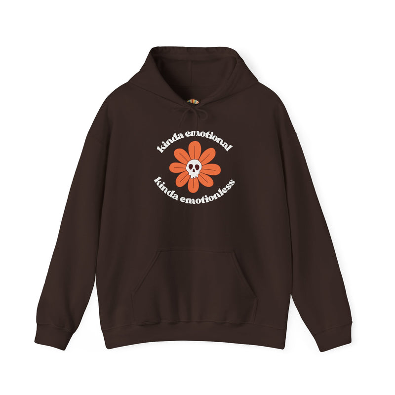 Floral Skull Graphic Hoodie — "Kinda Emotionless, Kinda Emotional" Mental Health Awareness Hooded Sweatshirt