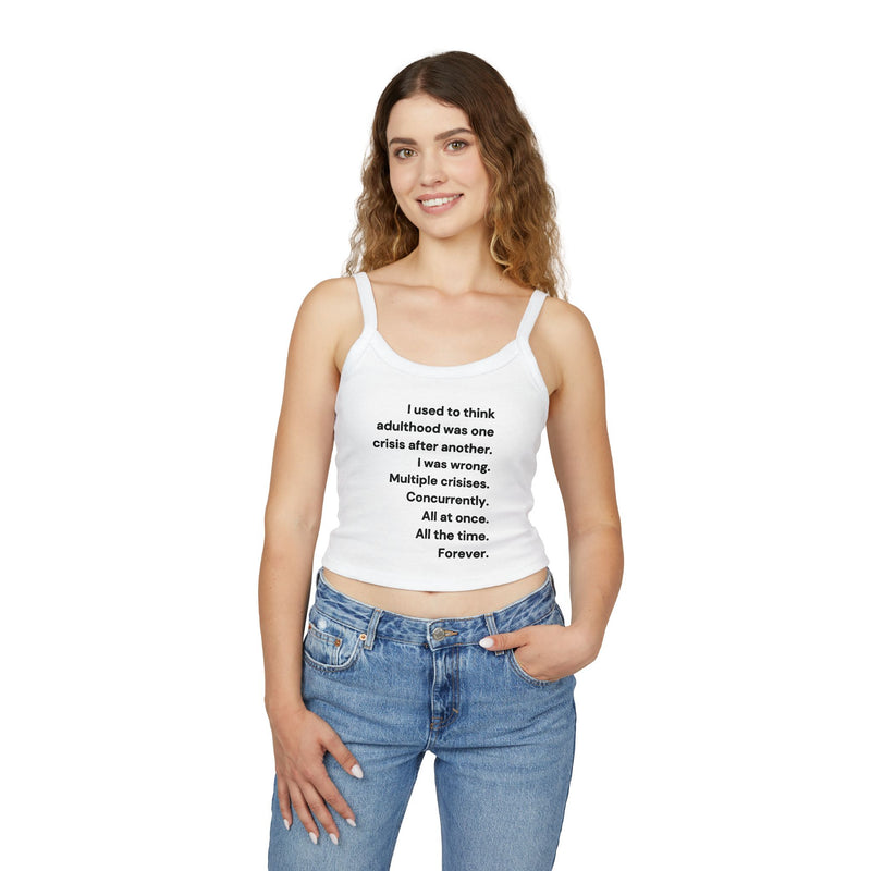 Women's Crop Tank Top — 'Adulthood' Minimalist Text Cropped Spaghetti Strap Tank