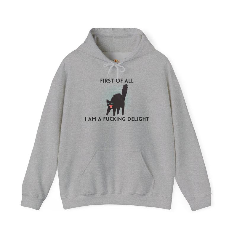 Sassy Cat Unisex Hoodie — "...I Am A Fucking Delight!" Graphic Hooded Sweatshirt