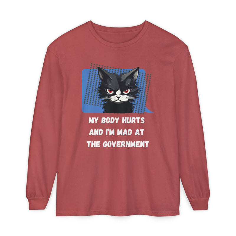 Long Sleeve T‑Shirt – "My Body Hurts and I’m Mad at the Government" Cat Graphic Oversized Tee